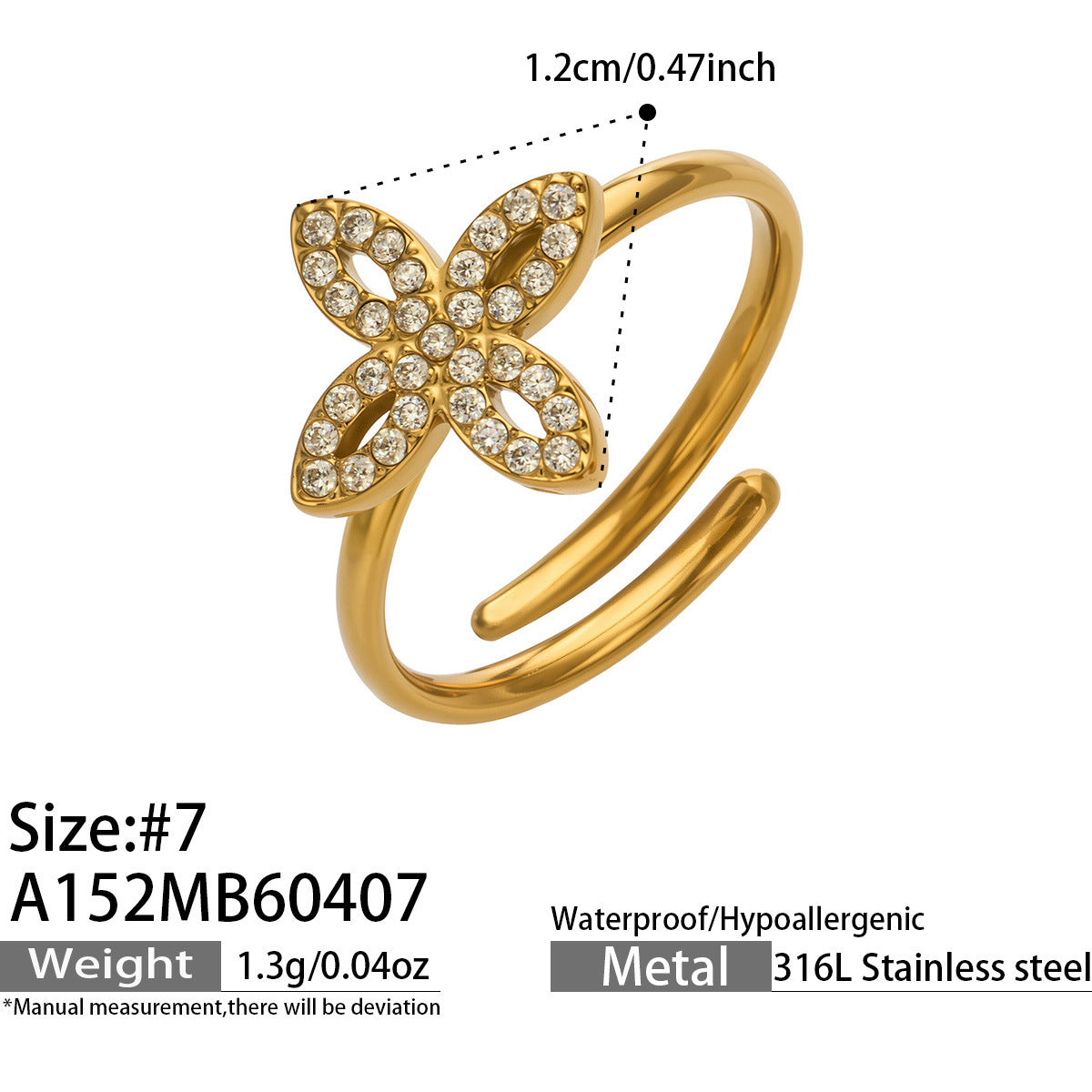 14K Gold Diamond Floral Open Ring | Adjustable Four-Petal Flower Ring