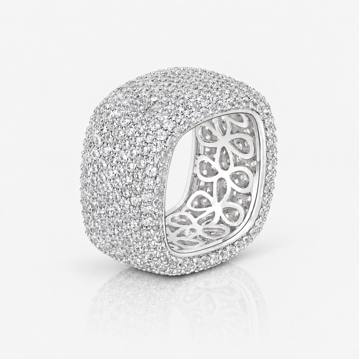 Silver-tone moissanite pavé dome ring with floral openwork interior