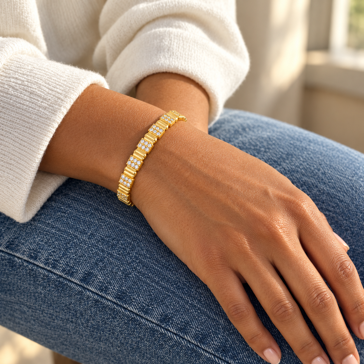 AI-generated lifestyle illustration of Aurea Ribbed Pavé Bangle – Gold-Tone Moissanite worn in an everyday setting.