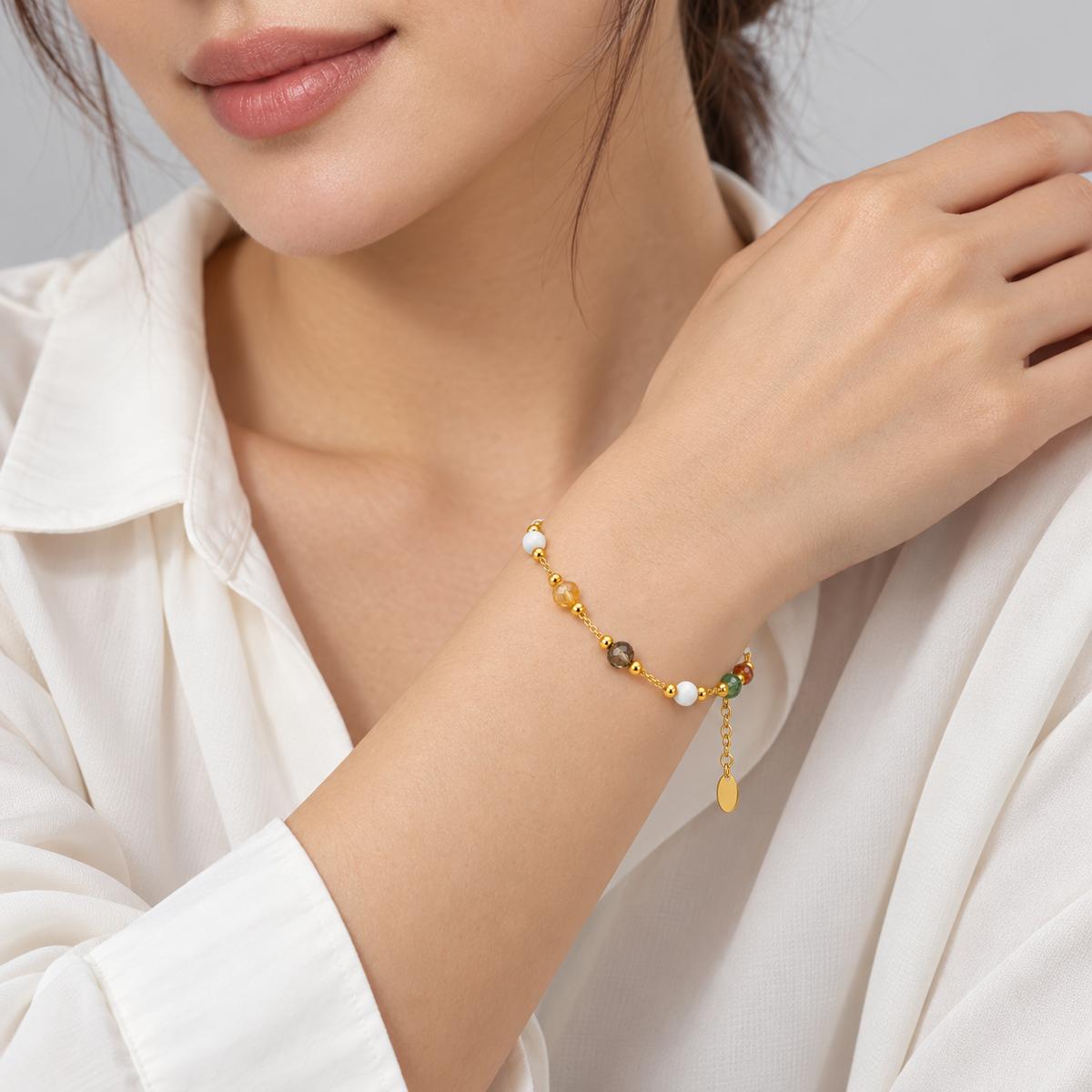 Prism Rainbow Beaded Bracelet presented by a studio model