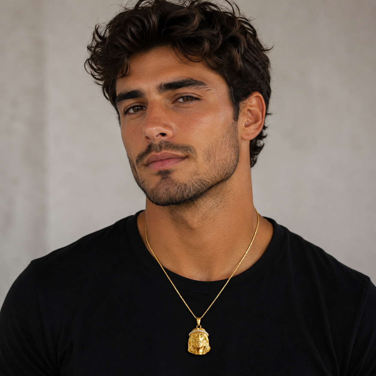 14K Gold Plated Jesus Head Pendant with CZ Crown
