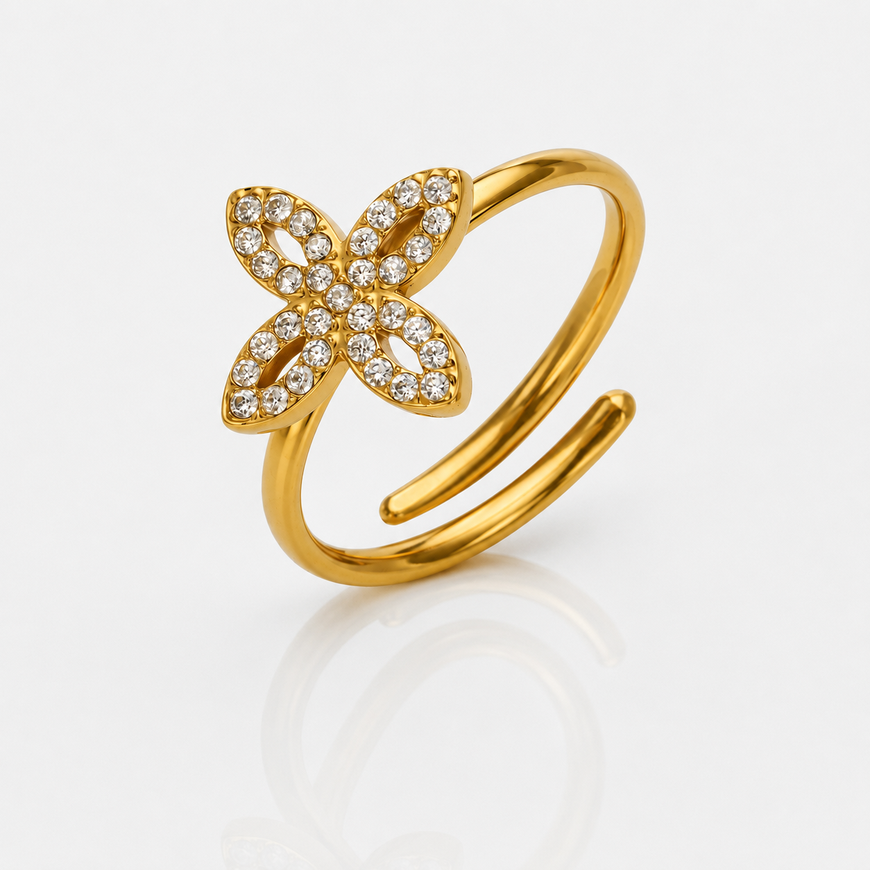14K Gold Diamond Floral Open Ring | Adjustable Four-Petal Flower Ring