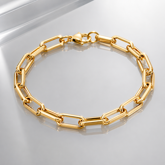 Gold paperclip link bracelet, high-polish elongated chain design