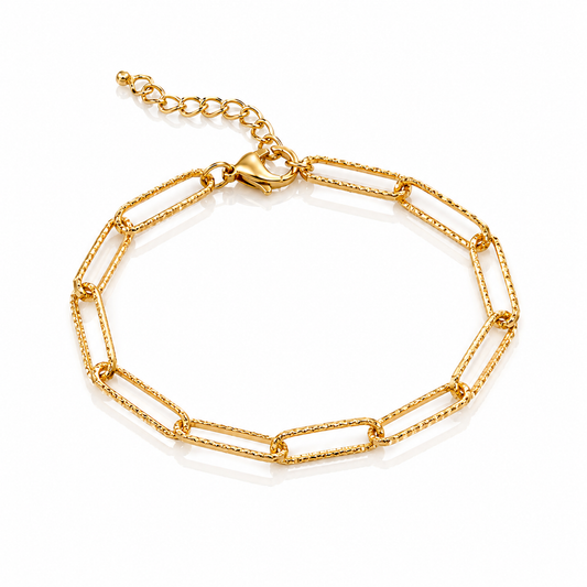 18k gold plated textured paperclip chain bracelet with adjustable clasp