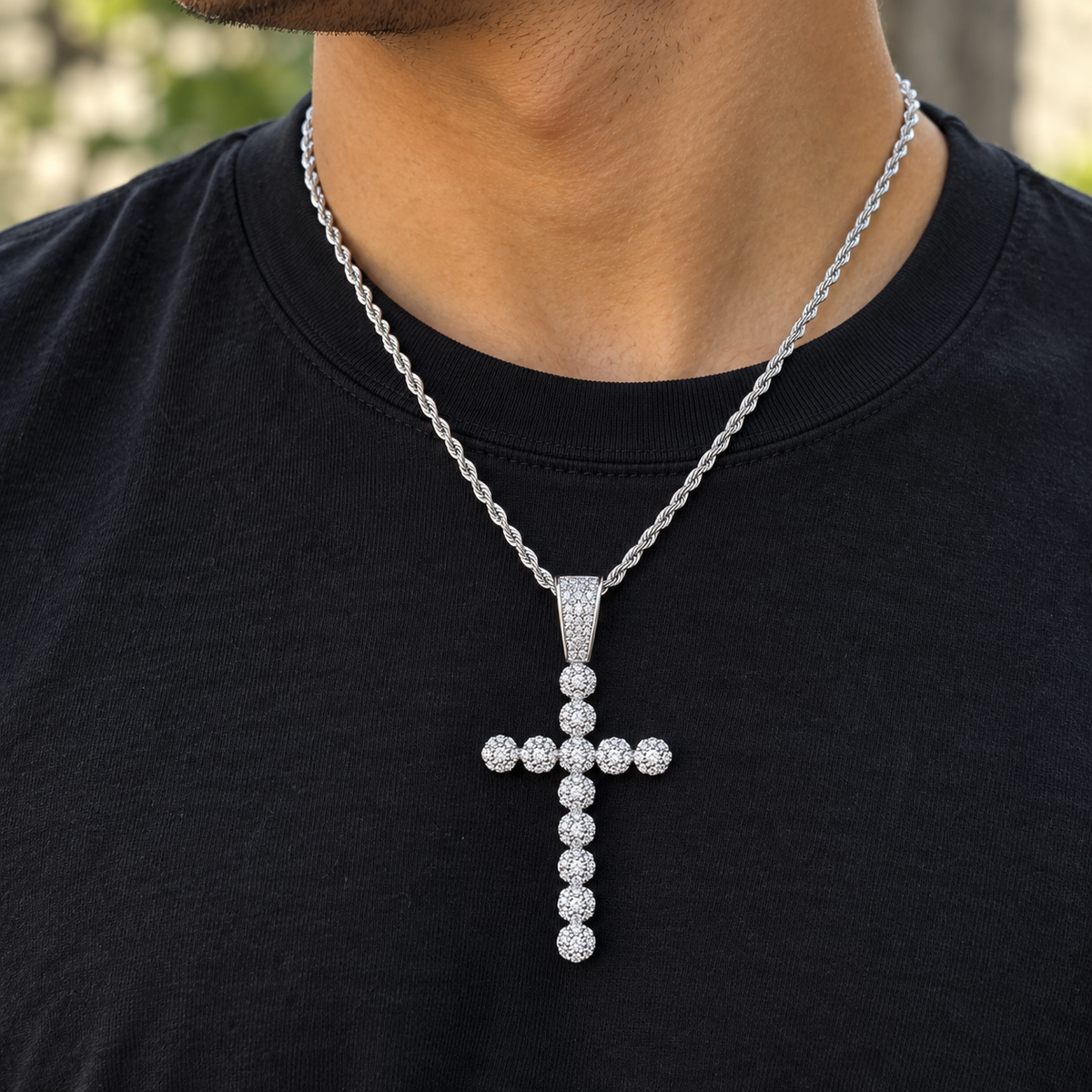 AI-generated lifestyle illustration of Iced Out Bubble Cross Pendant Necklace – Silver-Tone worn in an everyday setting.