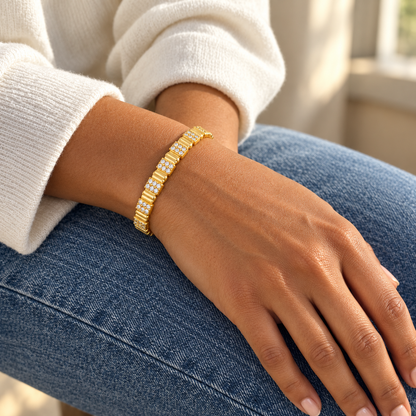 AI-generated lifestyle illustration of Aurea Ribbed Pavé Bangle – Gold-Tone Moissanite worn in an everyday setting.