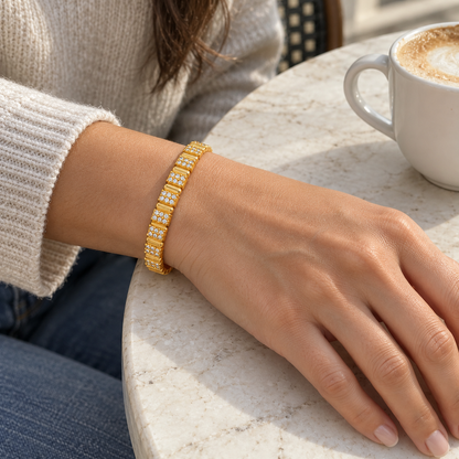 AI-generated lifestyle illustration of Aurea Ribbed Pavé Bangle – Gold-Tone Moissanite worn in an everyday setting.