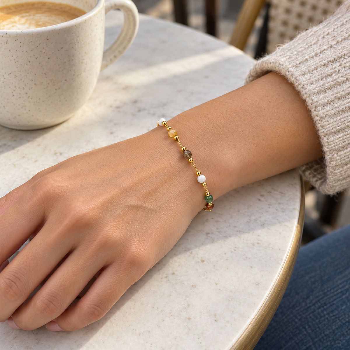 AI-generated lifestyle illustration of Prism Rainbow Beaded Bracelet – Gold-Tone worn in an everyday setting.