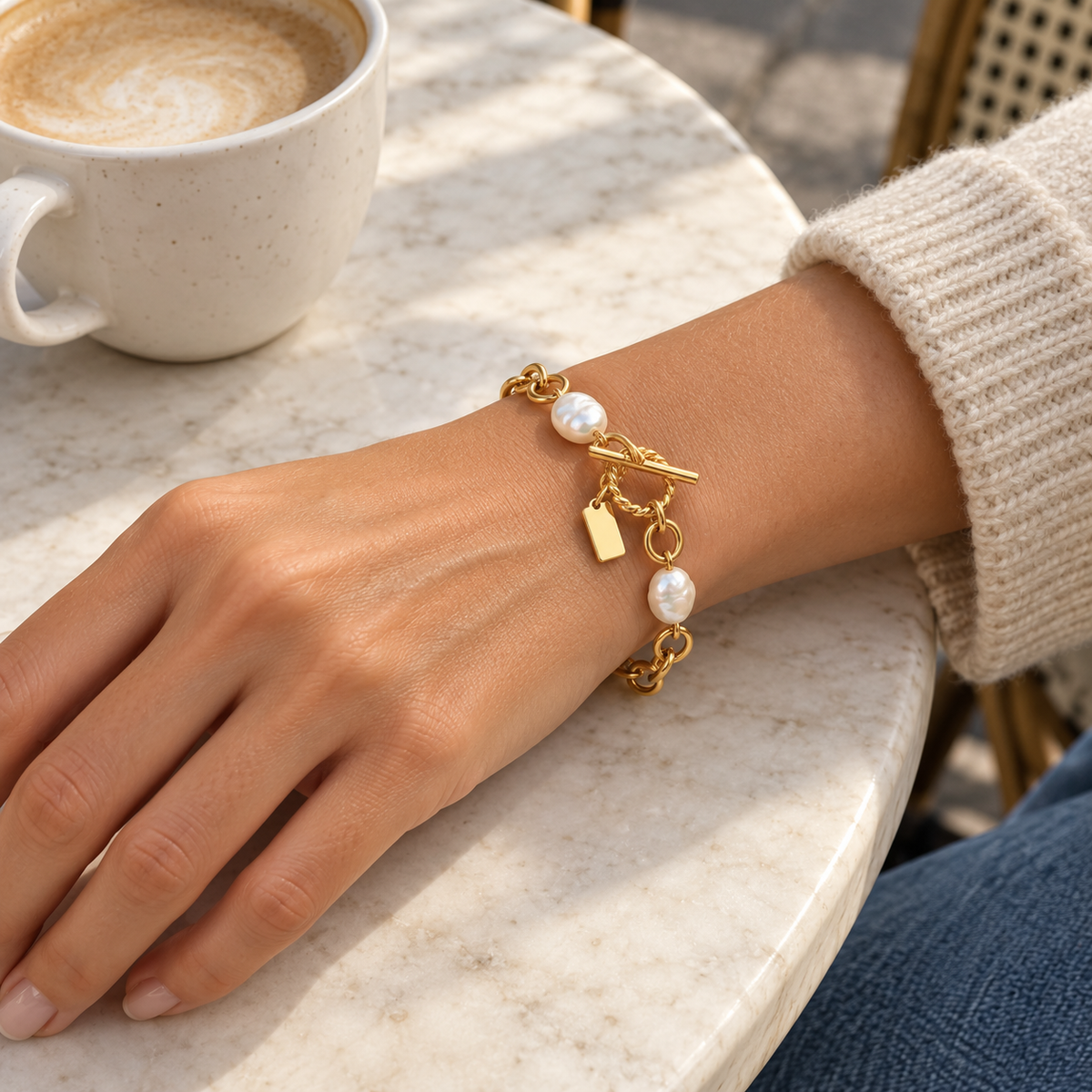 AI-generated lifestyle illustration of Marina Pearl-Look Toggle Bracelet – Gold-Tone worn in an everyday setting.