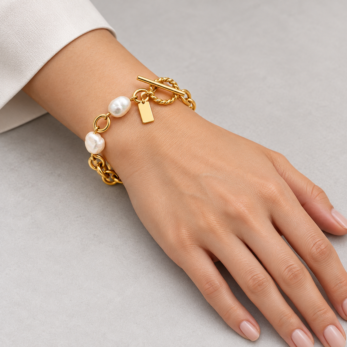 Marina Pearl-Accent Toggle Bracelet presented by a studio model