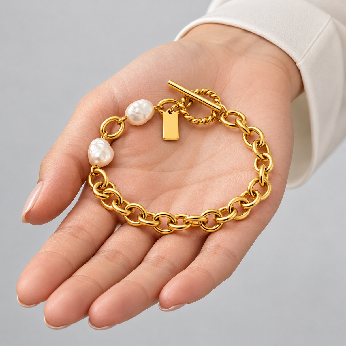 Marina Pearl-Accent Toggle Bracelet presented by a studio model