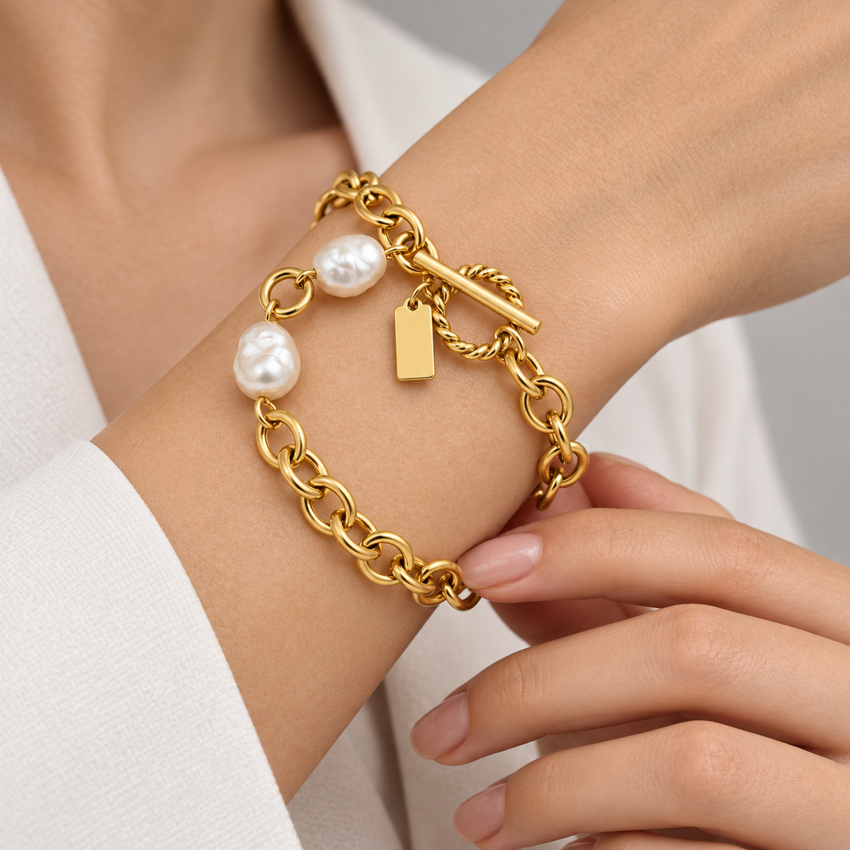 Marina Pearl-Accent Toggle Bracelet presented by a studio model