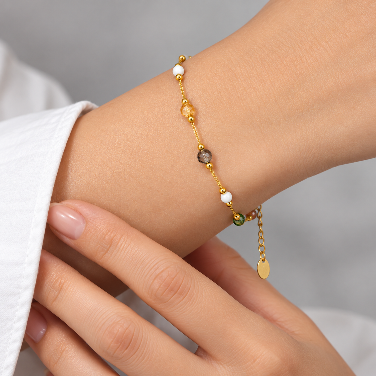 Prism Rainbow Beaded Bracelet presented by a studio model