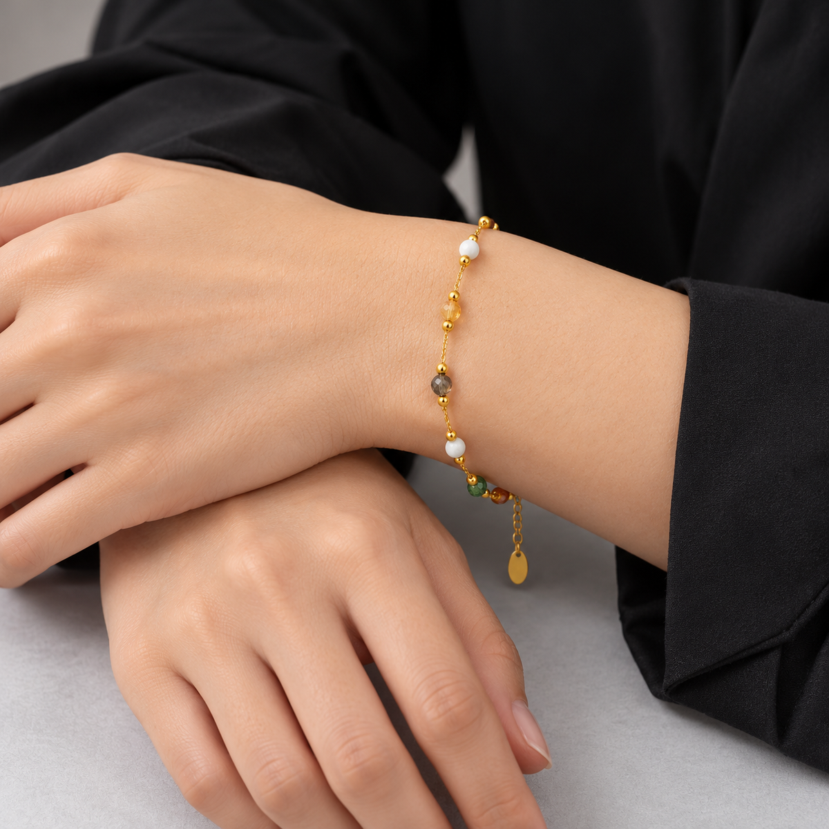 Prism Rainbow Beaded Bracelet presented by a studio model