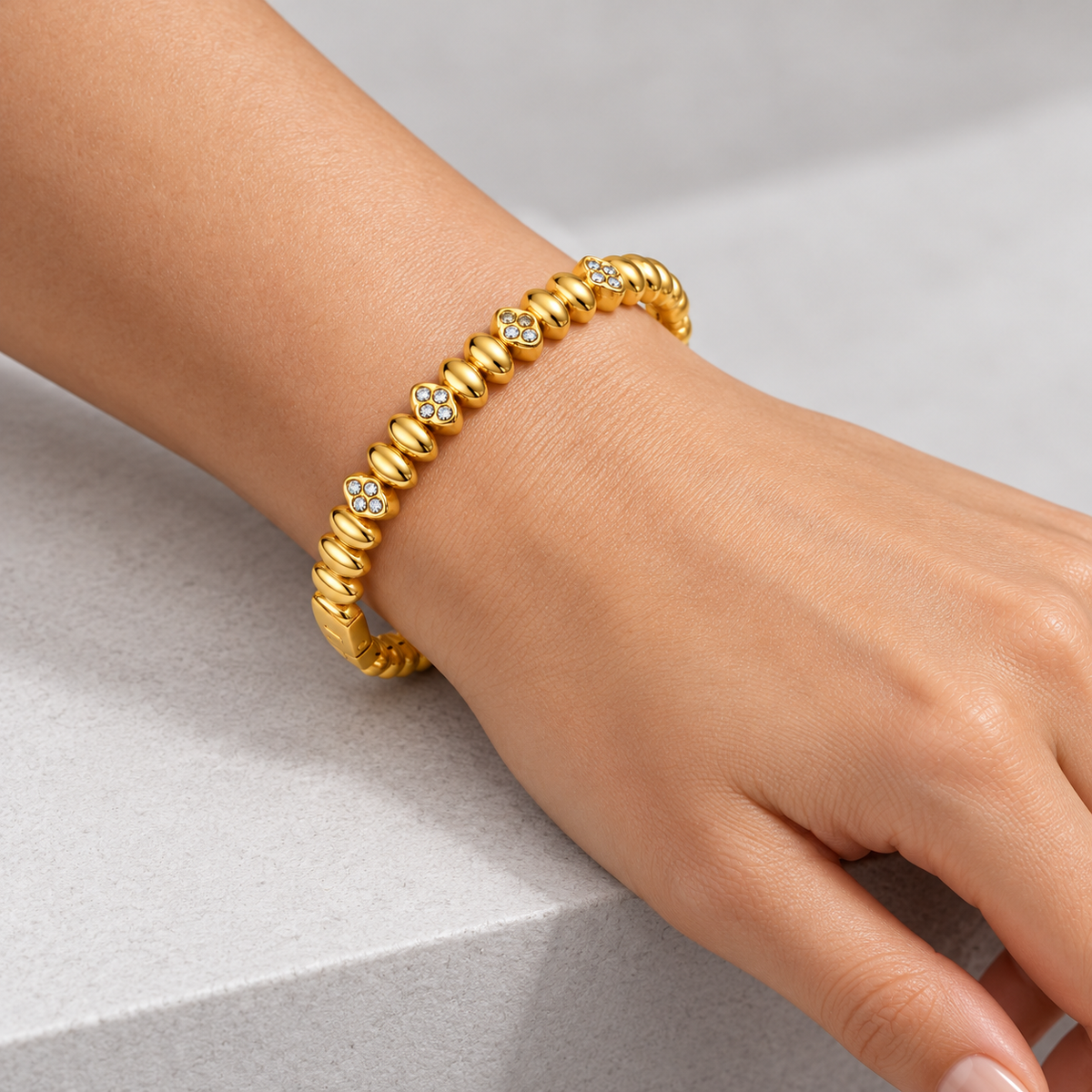 Solara Beaded Sparkle Bangle worn by a studio model